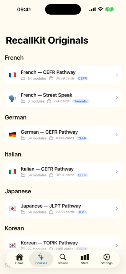 Catalogue of seven curated language courses
