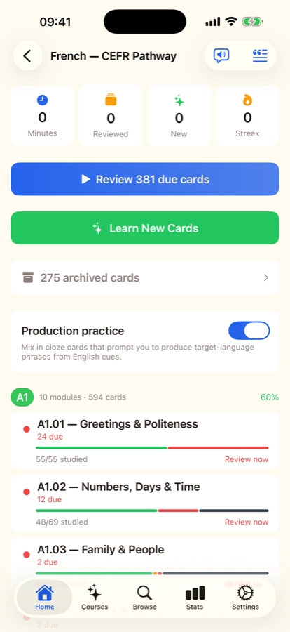 French course home showing due cards and module progress